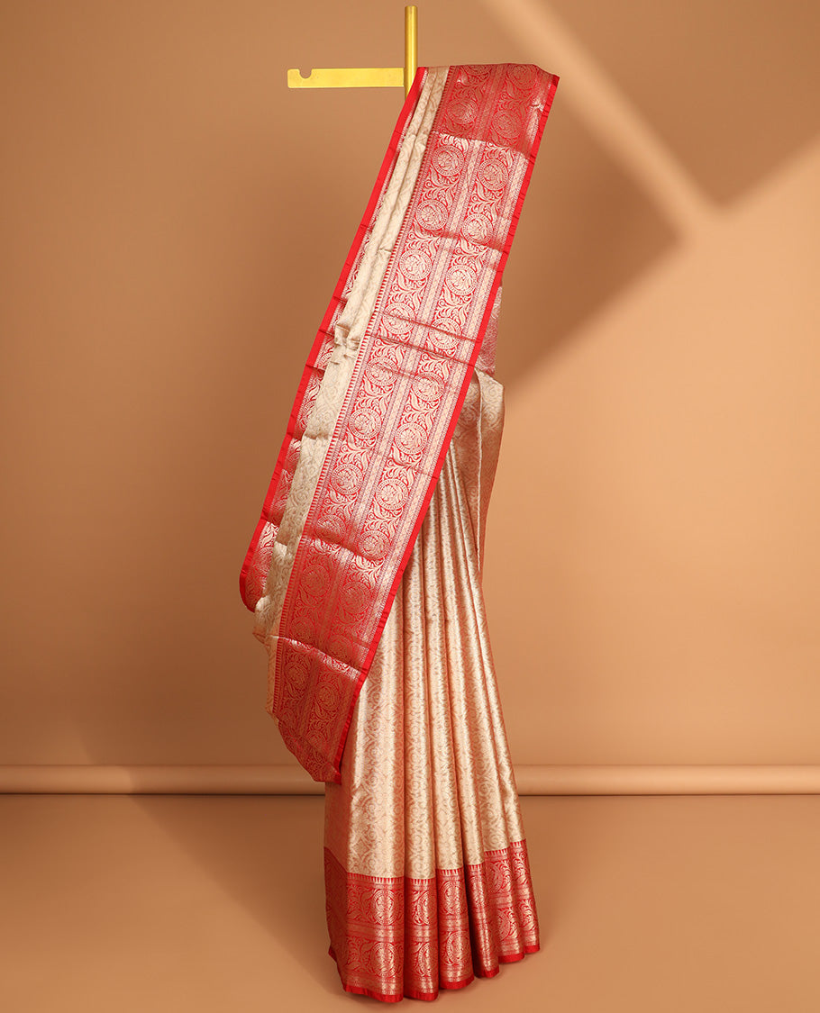 Sandal floral jacquard semi tissue saree with contrast floral zari design border & floral jaal design pallu