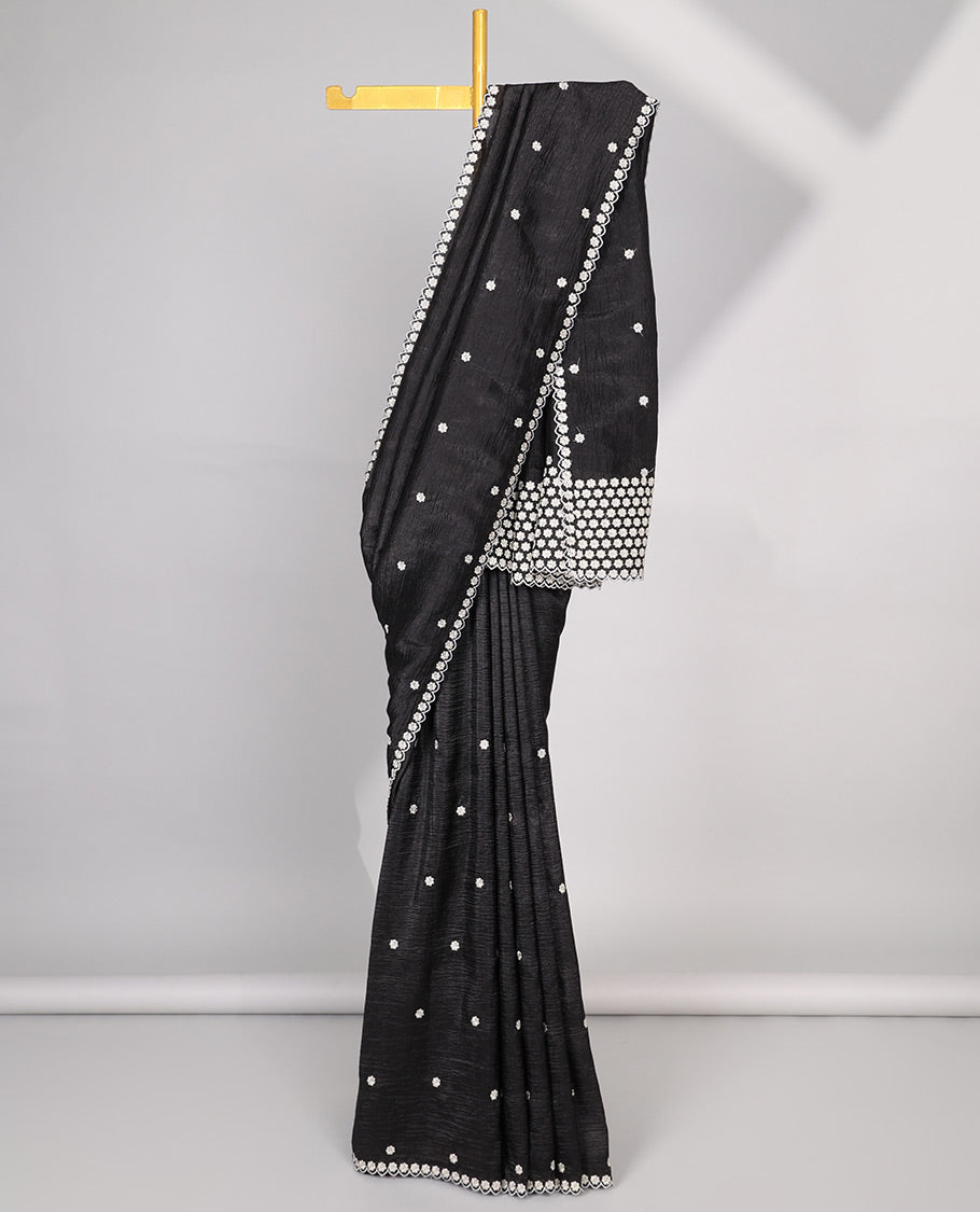 Pink Crushed Tissue saree with scallop motif border and intricate motif embroidery pallu