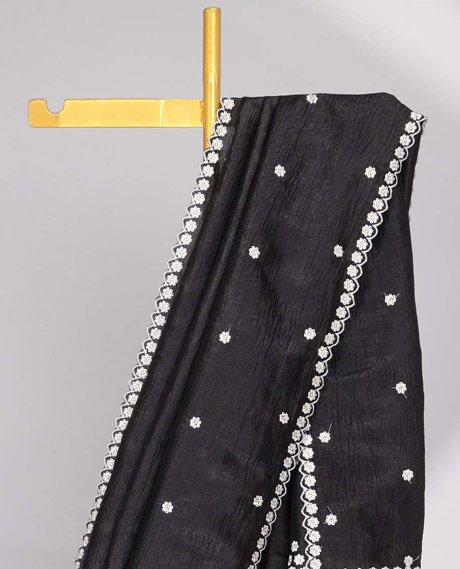 Pink Crushed Tissue saree with scallop motif border and intricate motif embroidery pallu