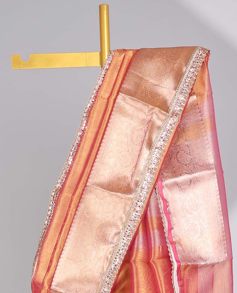 Orange tissue saree with self zari design border & intricate zari design pallu