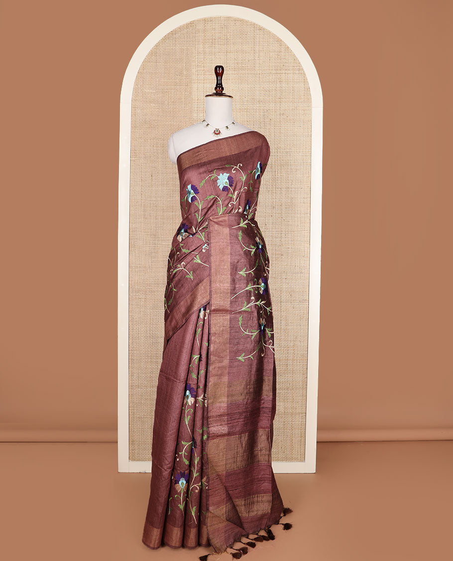 Brown floral vine multi-color thread embroidered tussar silk saree, bavanji border, and striped pallu