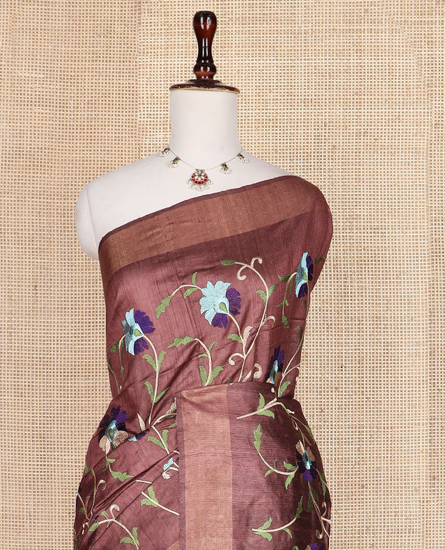 Brown floral vine multi-color thread embroidered tussar silk saree, bavanji border, and striped pallu