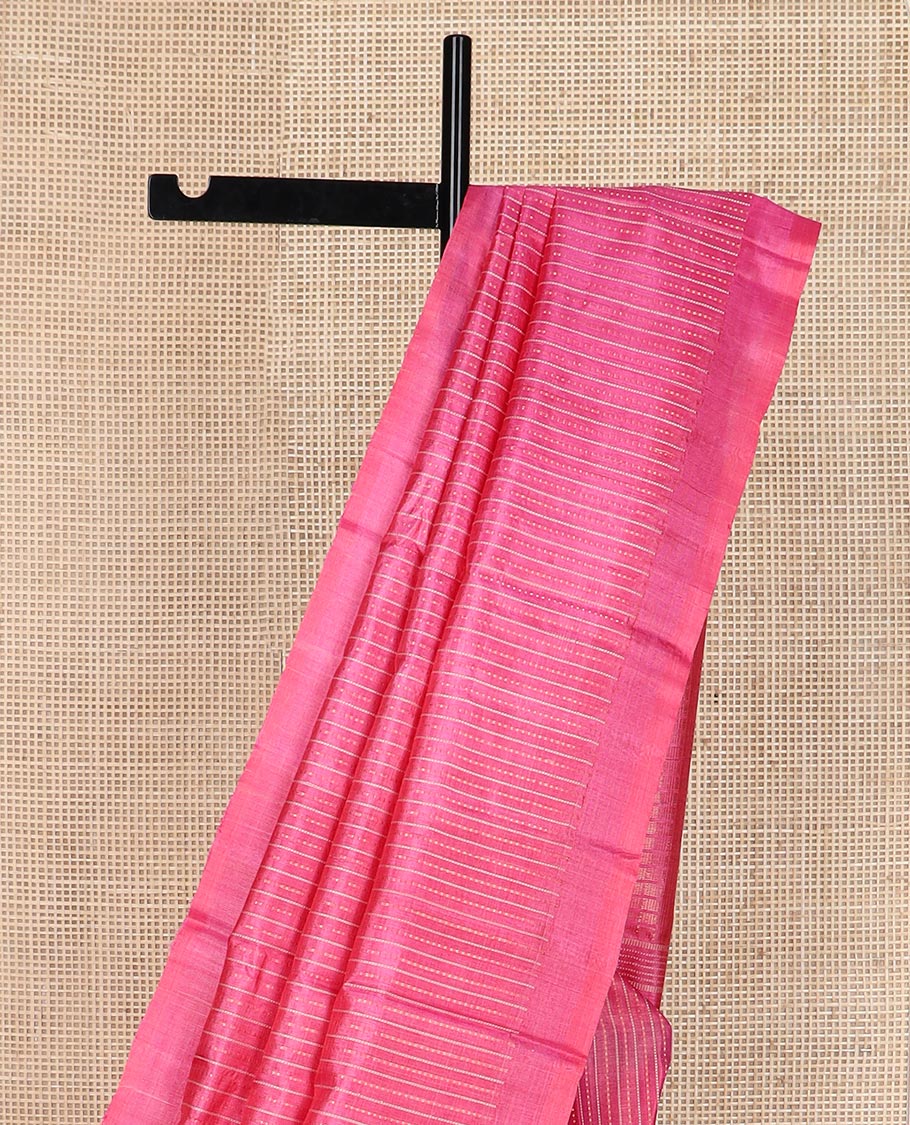 Dark pink striped tussar silk saree, plain border and zari checked pallu