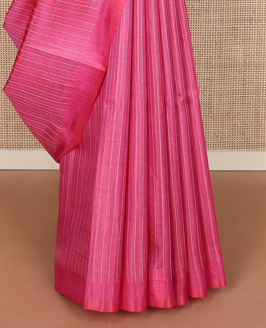 Dark pink striped tussar silk saree, plain border and zari checked pallu