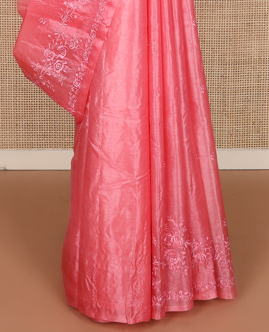 Pink floral motifs thread embroidered tussar saree, floral embroidered border
