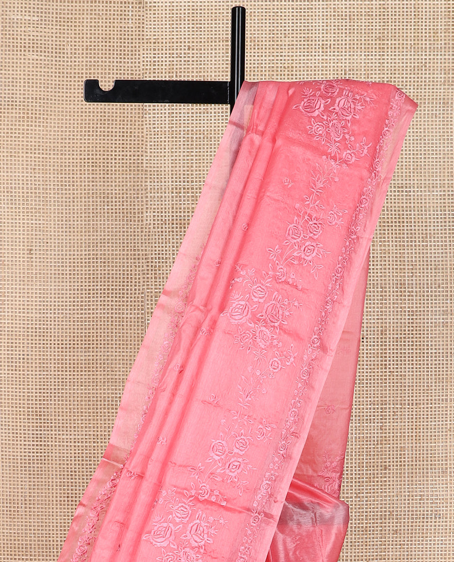 Pink floral motifs thread embroidered tussar saree, floral embroidered border