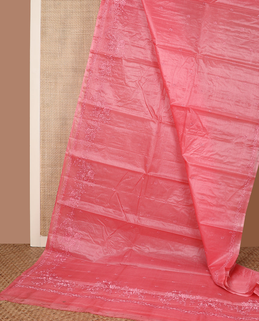 Pink floral motifs thread embroidered tussar saree, floral embroidered border