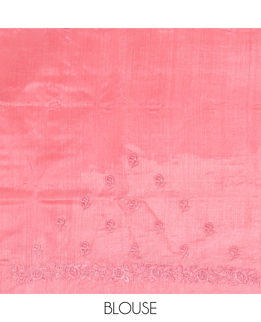 Pink floral motifs thread embroidered tussar saree, floral embroidered border