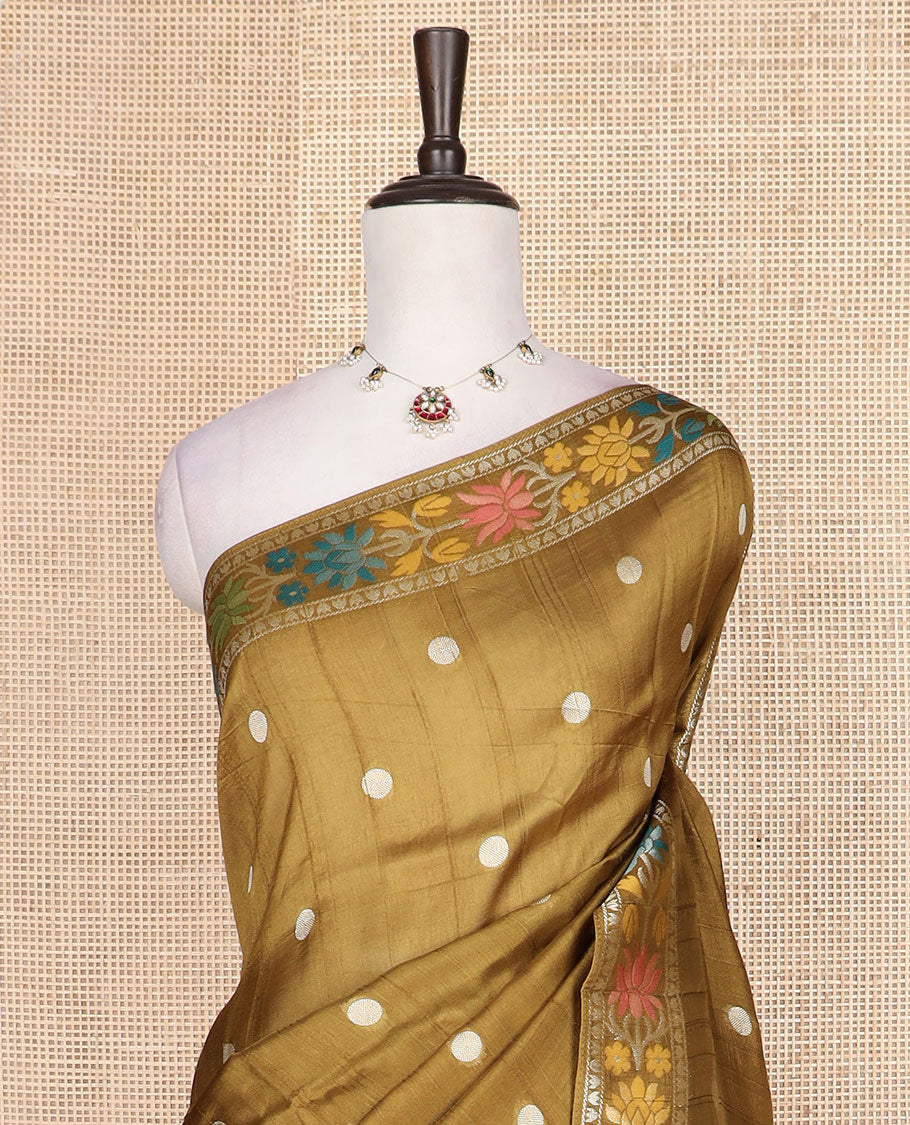 Mustard rudraksham motifs Matka silk saree, floral meenakari border, and pallu of paisleys and jaal designs