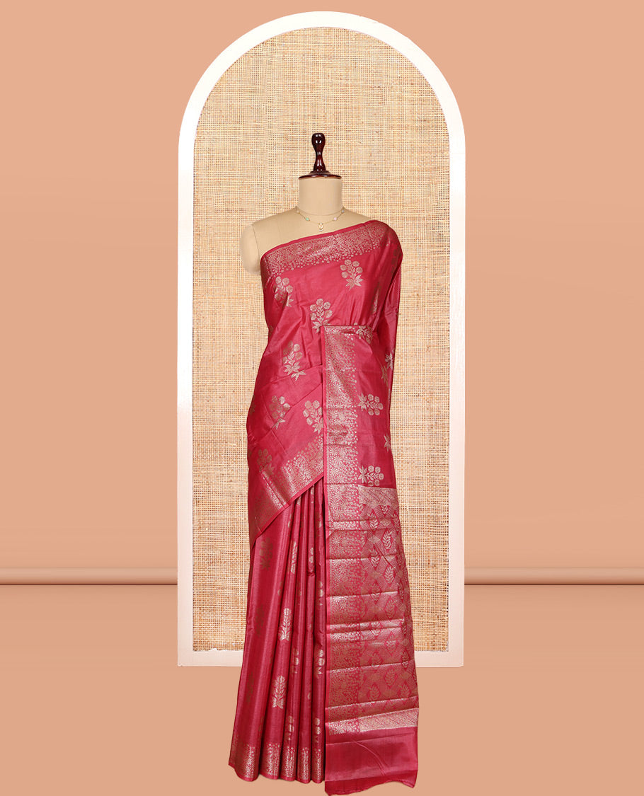 Red Tusser Silk Saree, Richly Detailed with Zari Buttas, a Zari Border, Grand Pallu, and a Matching Blouse