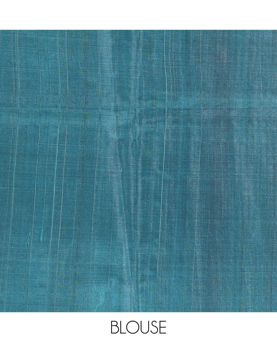 Blue tiny boxed motif stripes tussar silk saree, self-border, and gleaming zari pallu