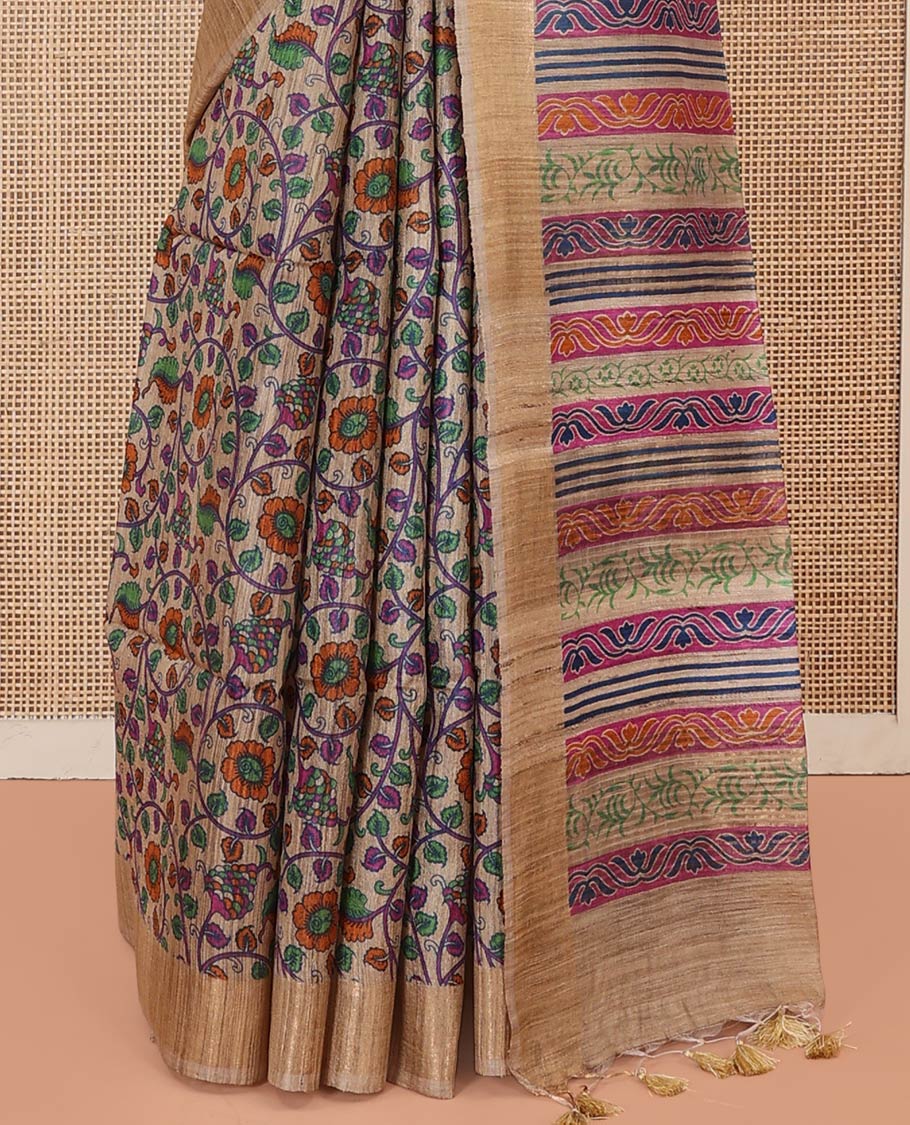 Sandal Tussar Silk Saree Bedecked with Floral Vine Printed All Over Its Body, Pallu Adorned with Geometric Print, and Paired with a Contrast Blouse