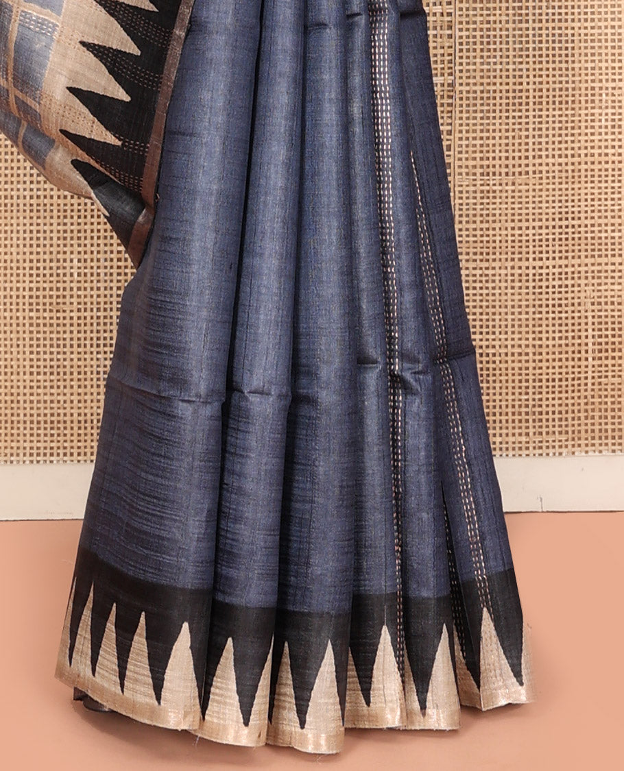 Grey Tussar Silk Saree, Meticulously Crafted with Half-And-Half-Style Checked Design on Its Body, a Contrast Temple Border, Temple Design Pallu, and Paired with a Contrast Blouse