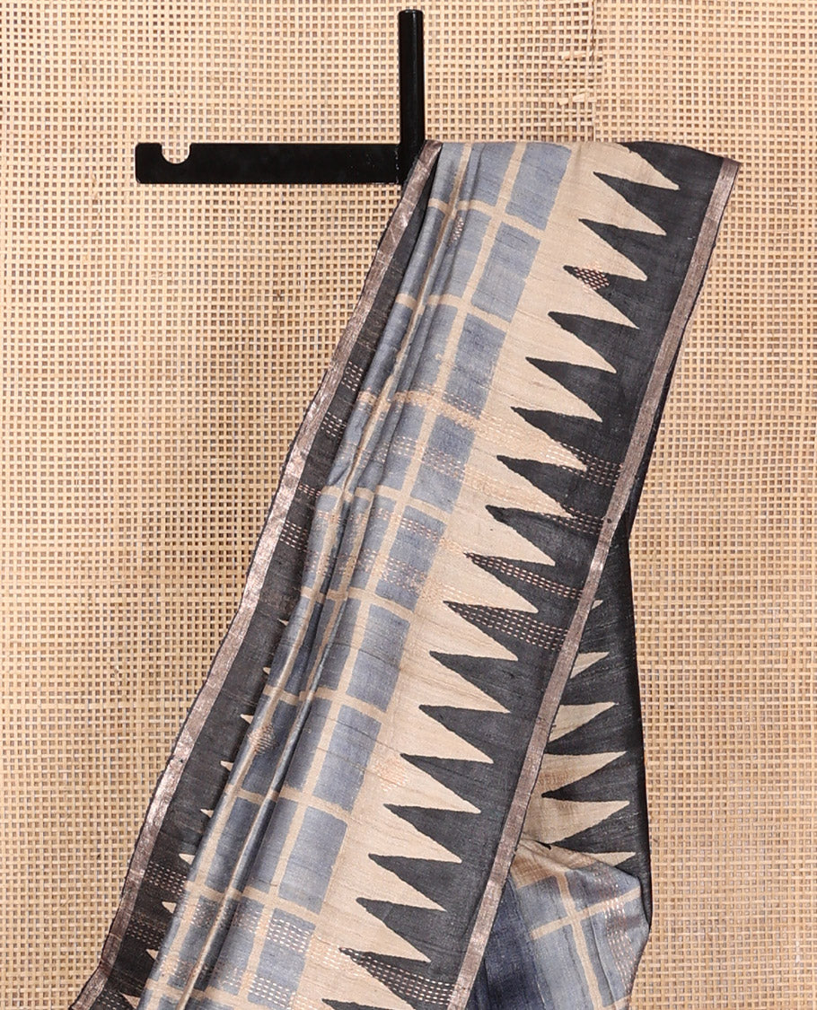 Grey Tussar Silk Saree, Meticulously Crafted with Half-And-Half-Style Checked Design on Its Body, a Contrast Temple Border, Temple Design Pallu, and Paired with a Contrast Blouse