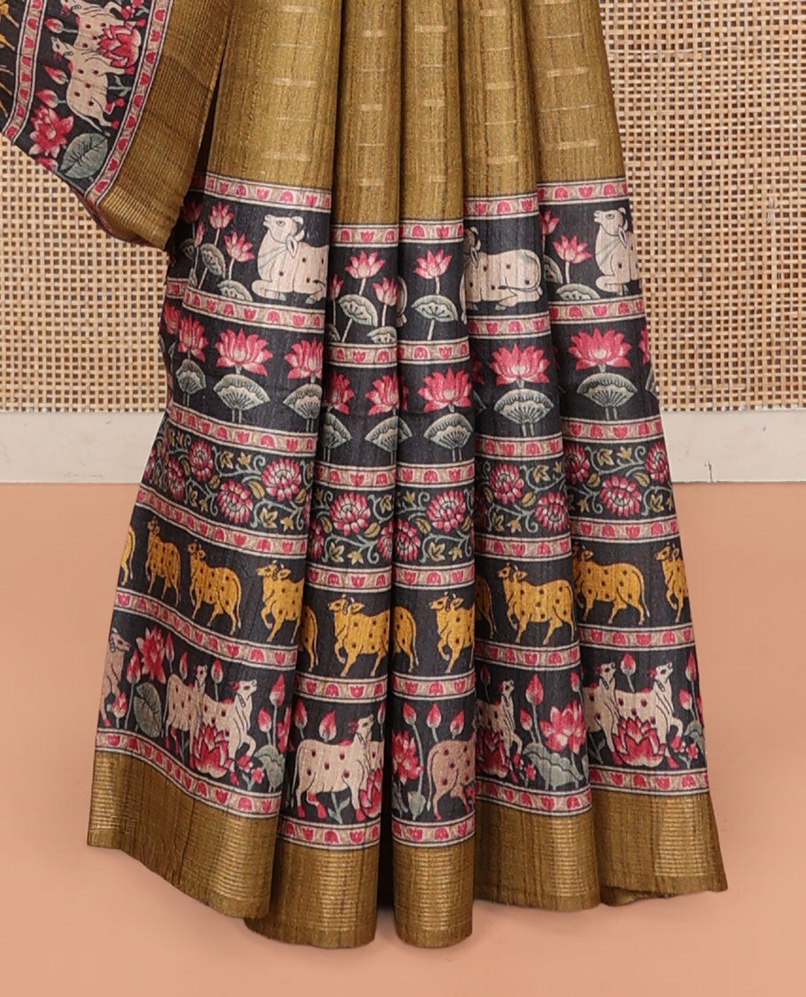 Mustard Tussar Silk Saree, Sparsely Threaded with Stripes, Complemented by a Contrast Pichwai Cow-Lotus Print Border, Printed Pallu, and a Contrast Blouse