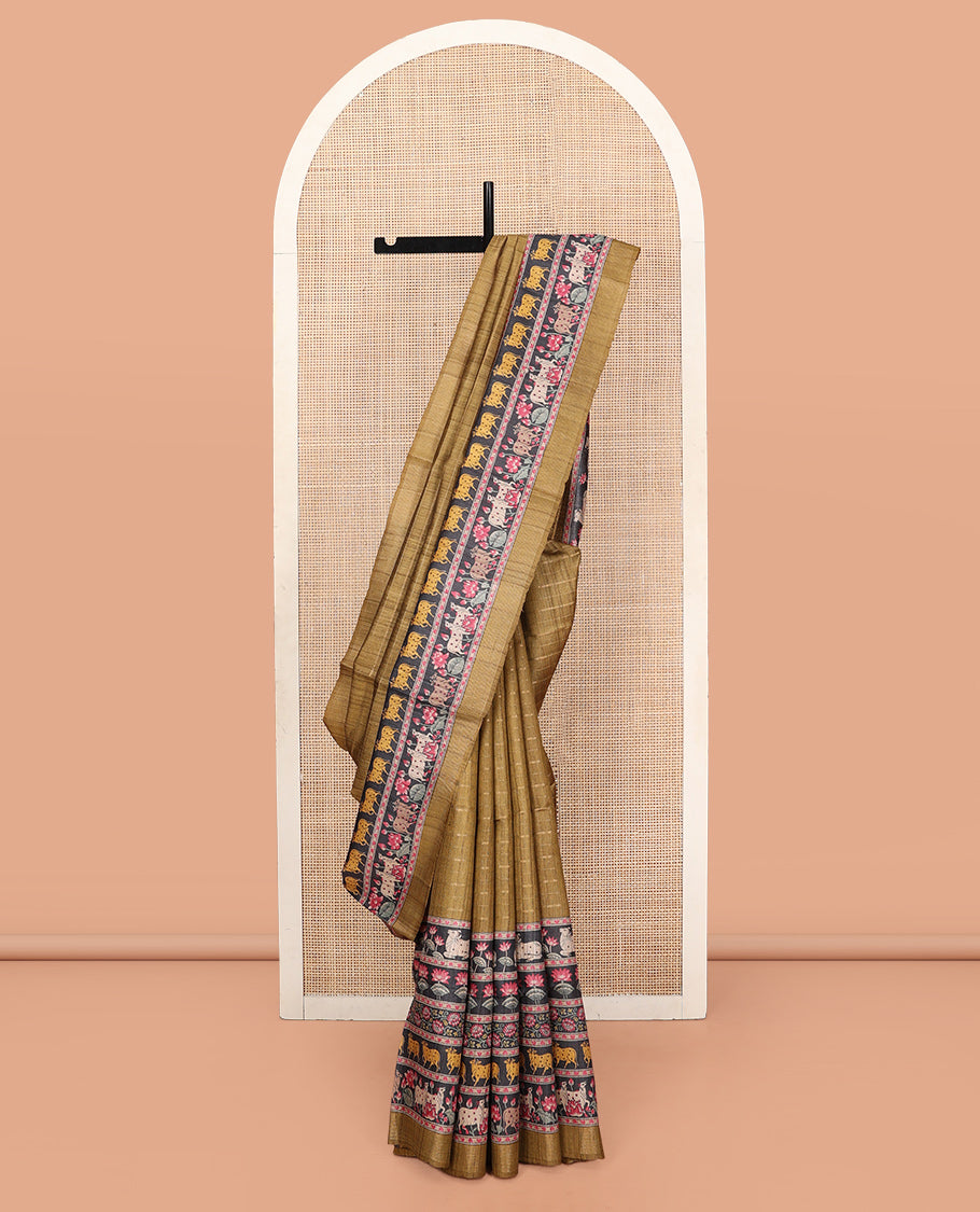 Mustard Tussar Silk Saree, Sparsely Threaded with Stripes, Complemented by a Contrast Pichwai Cow-Lotus Print Border, Printed Pallu, and a Contrast Blouse