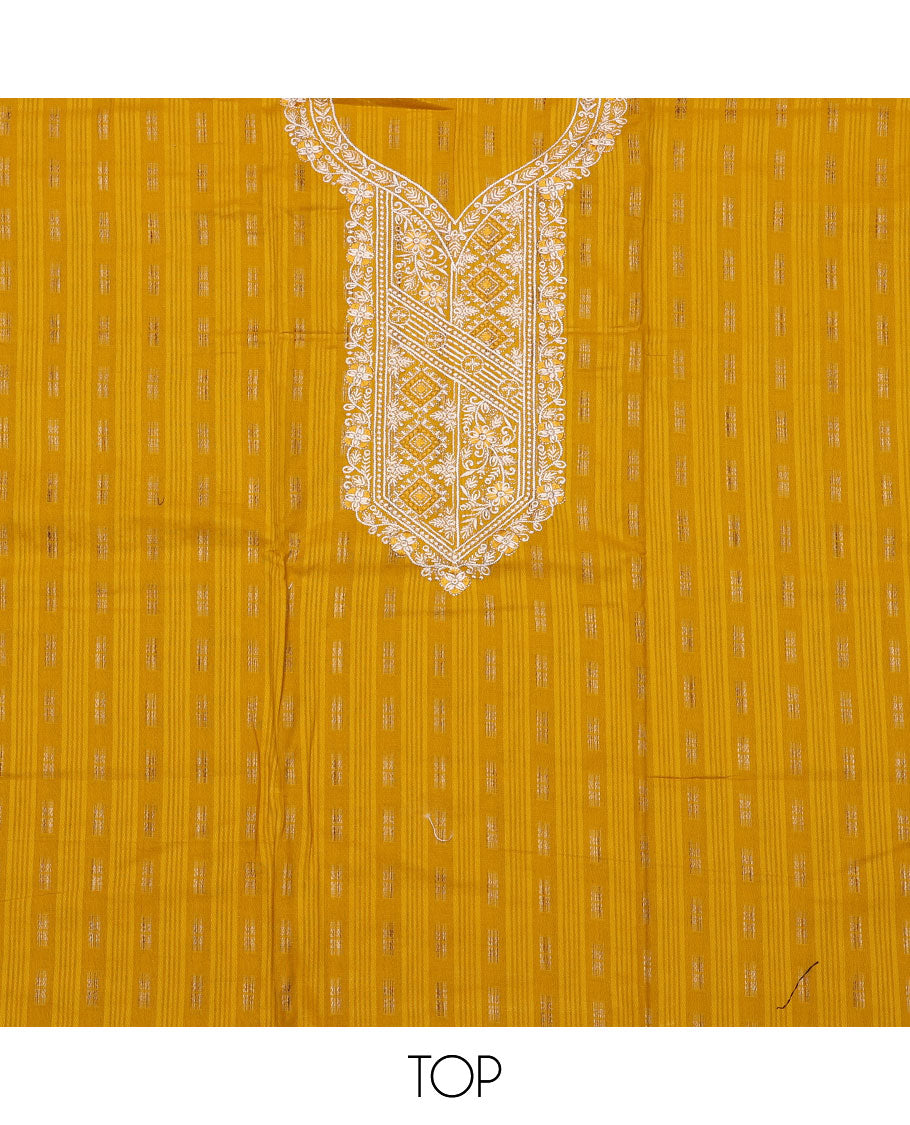 Yellow material chudidar set, buttas with neck embroidered top, contrast plain bottom, and thread and sequins embroidered dupatta