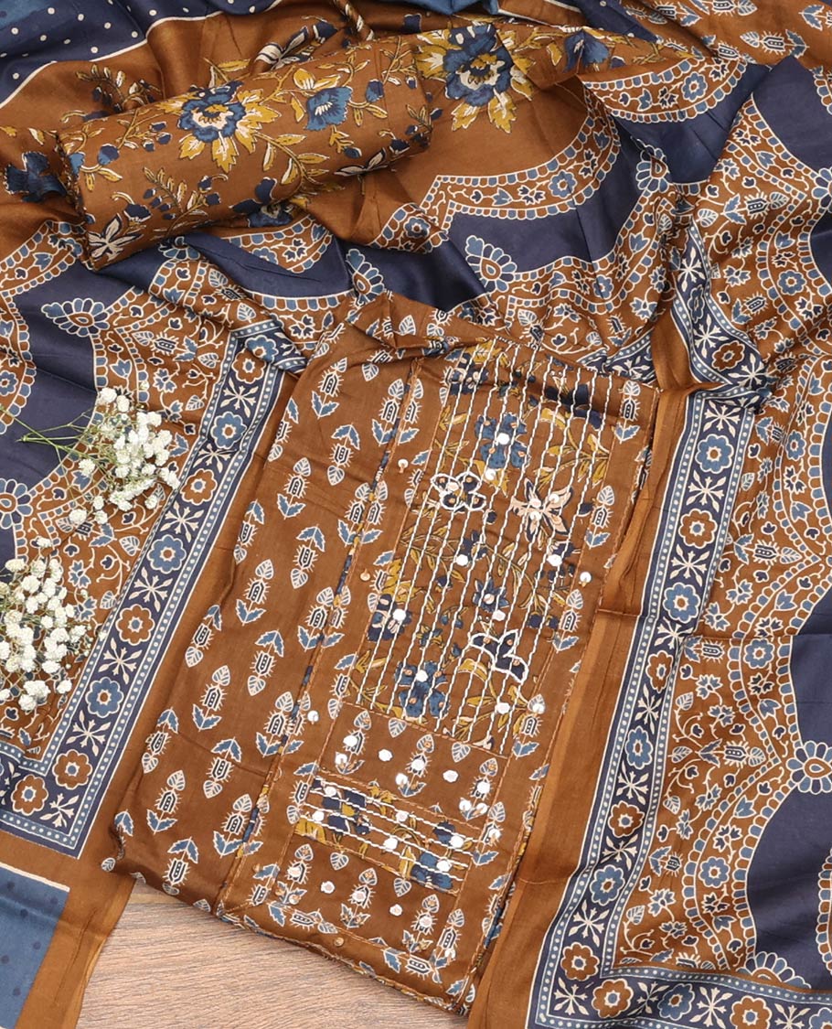 Brown Material Chudidar Set, Embellished with Floral Block Print and Neck Work Cotton Top, a Floral Printed Cotton Bottom, and Paired with Floral Printed Dupatta