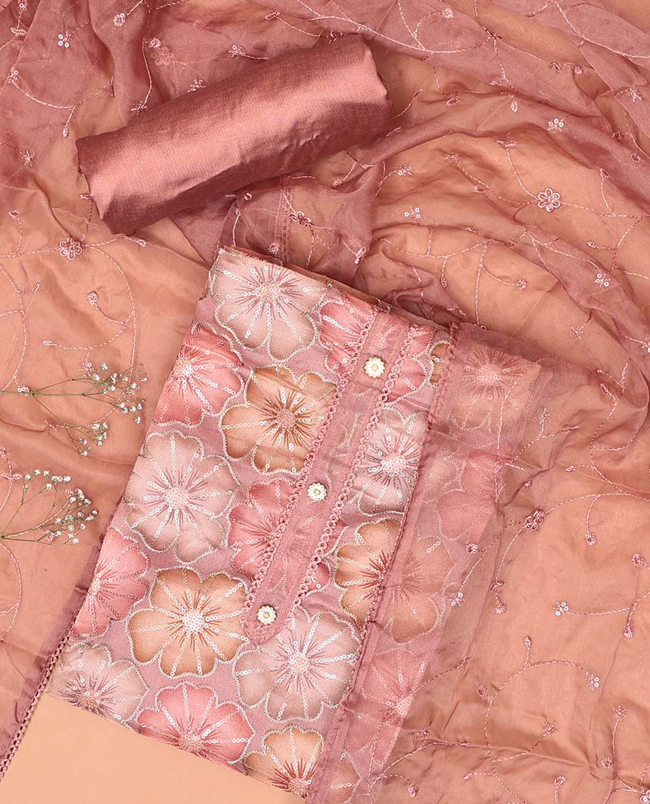 Light pink chudidhar material set floral sequins embroidered top, plain bottom & floral sequins embroidered dupatta