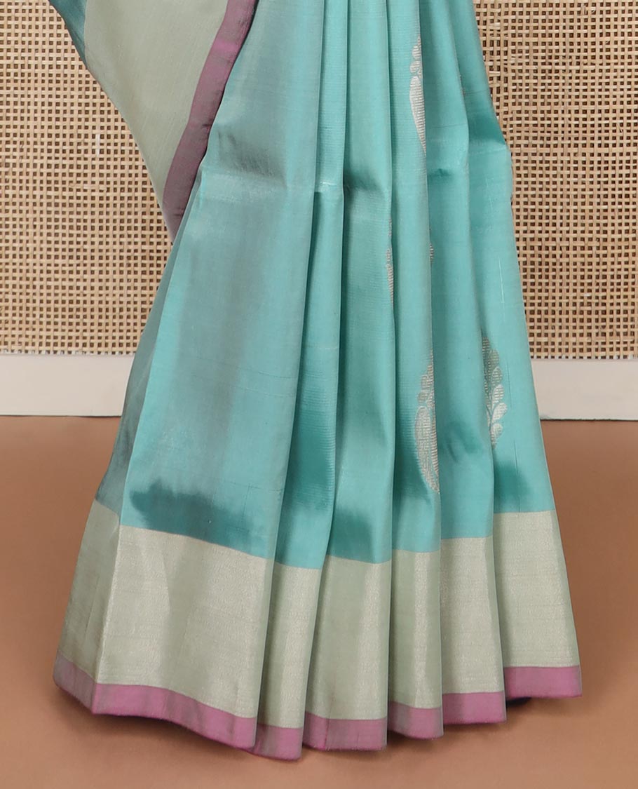 Light blue floral motifs uppada silk saree with contrast zari border & floral design pallu