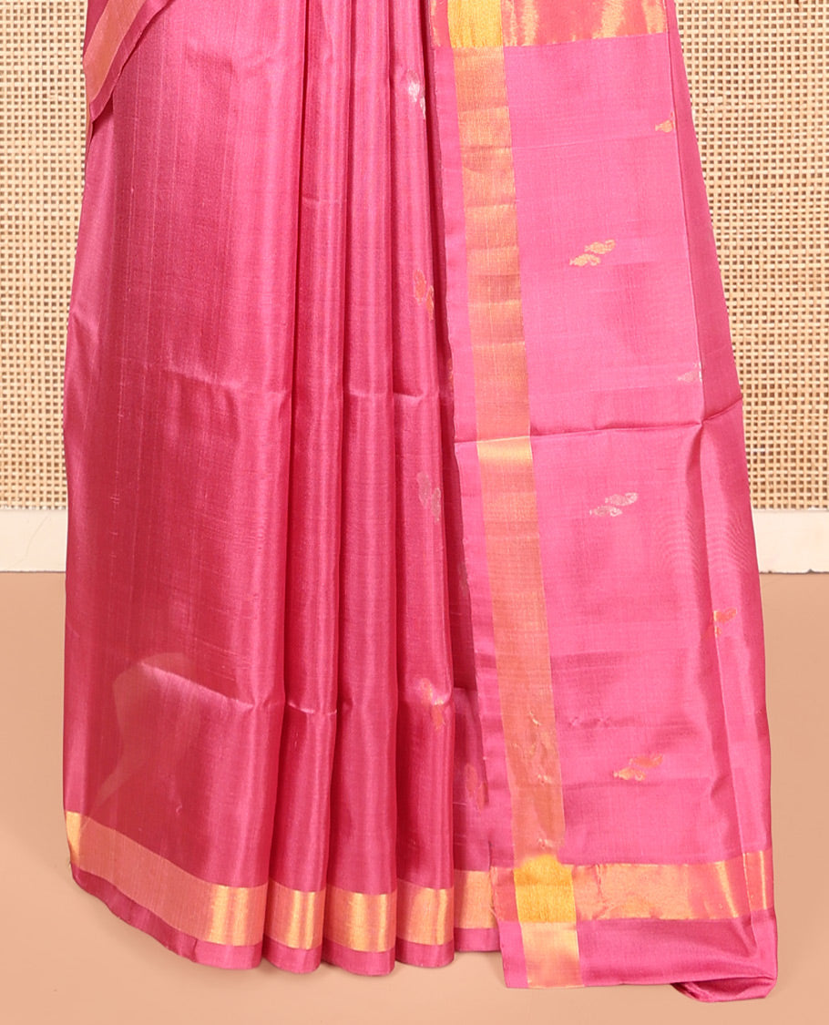 Pink Uppada Silk Saree, Accentuated with Buttas, Highlighted by a Zari Border, Zari-Buttas Woven Pallu, and a Matching Blouse