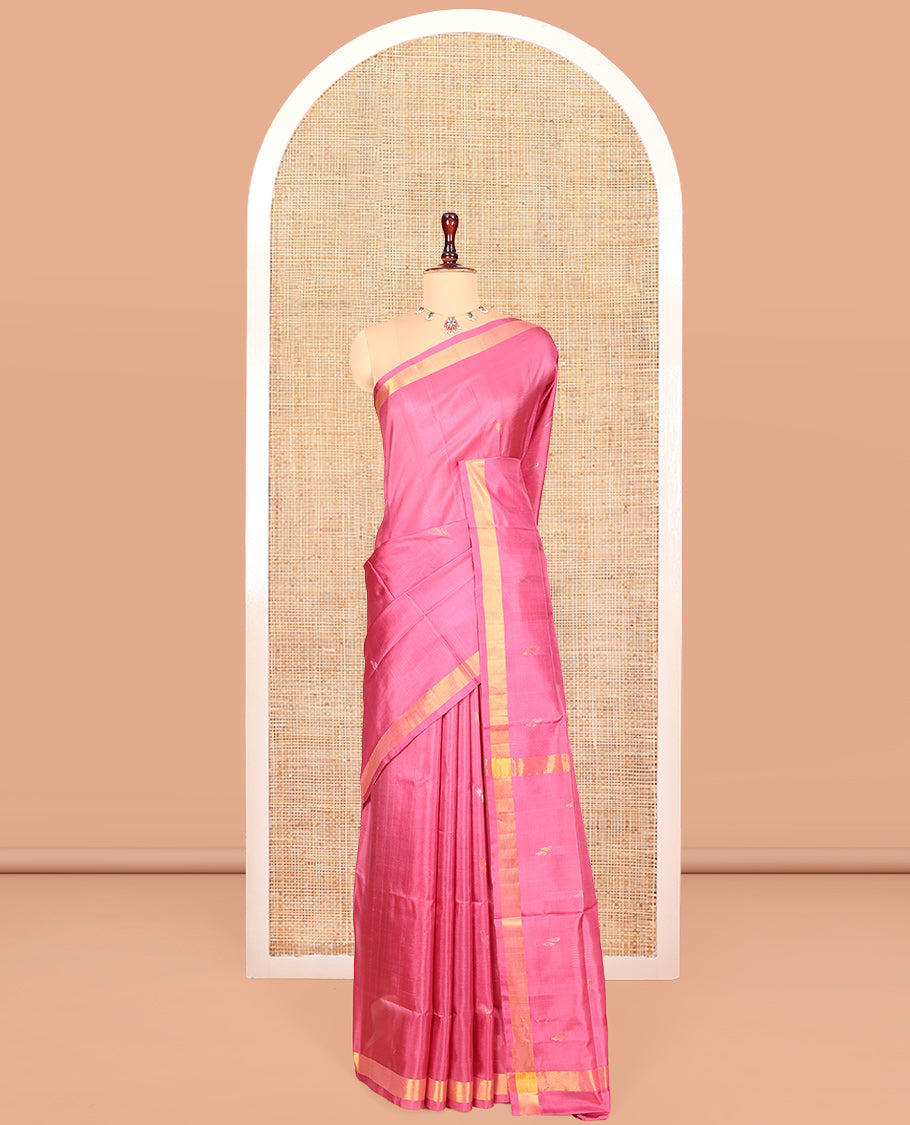 Pink Uppada Silk Saree, Accentuated with Buttas, Highlighted by a Zari Border, Zari-Buttas Woven Pallu, and a Matching Blouse