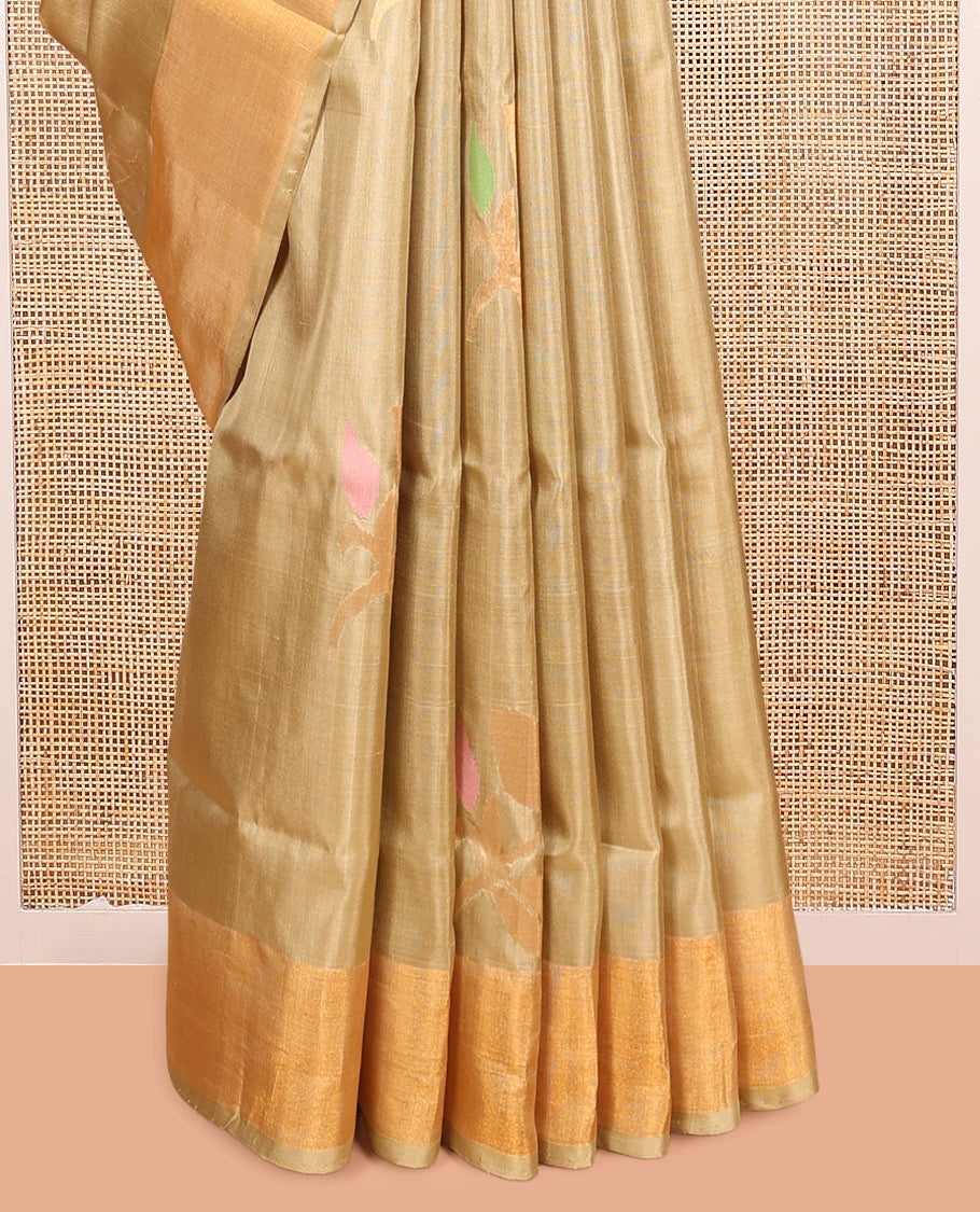 Gold Uppada Silk Saree, Beautified with Floral Zari Buttas, Highlighted by a Zari Bavanji Border, Pallu of Floral Buttas and Matching Blouse