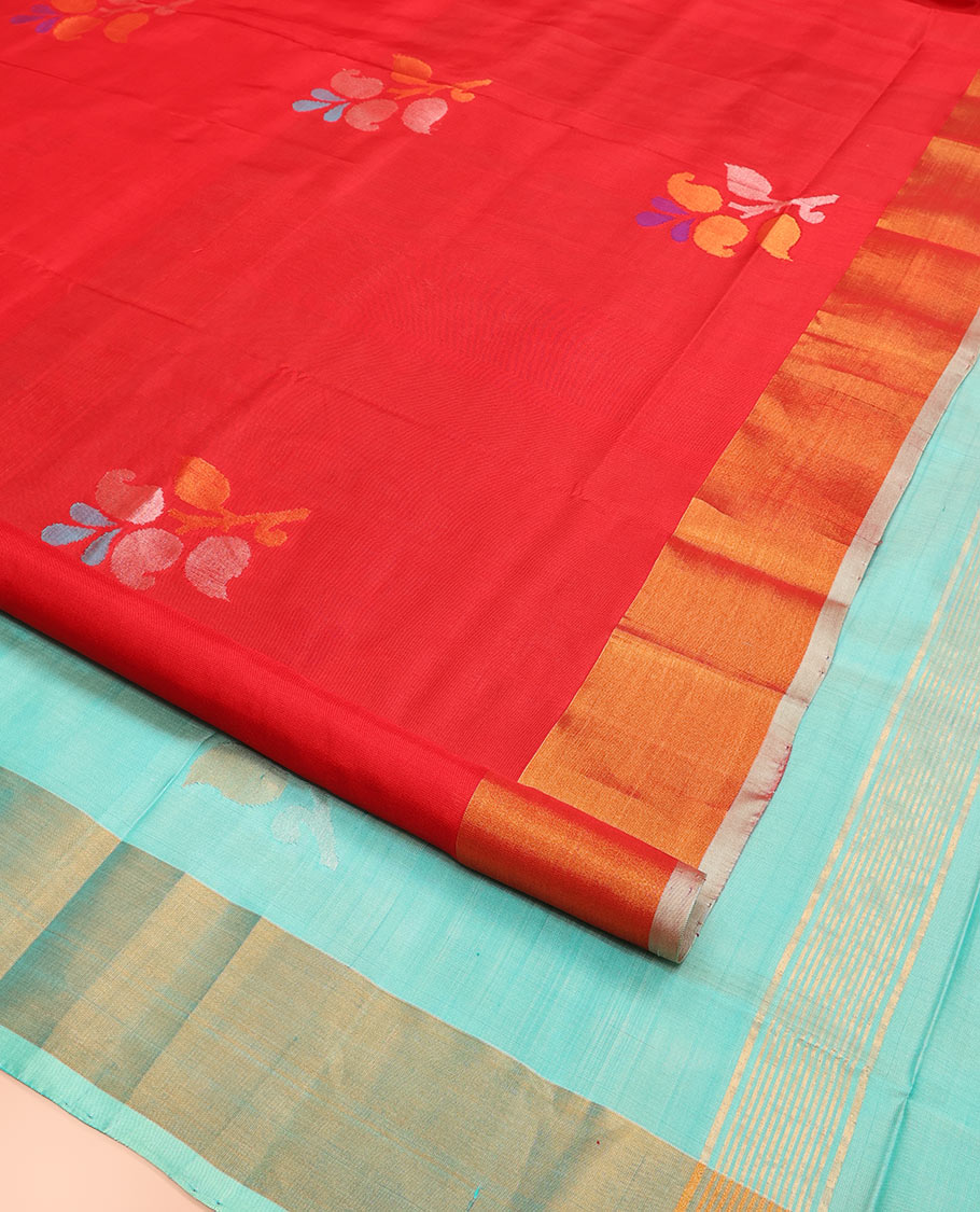 Red Uppada Silk Saree Featuring Floral Buttas, Subtle Zari Bavanji Border, Pallu Decked Up with Jamdani-Style Floral Motifs, and Paired with a Contrast Blouse