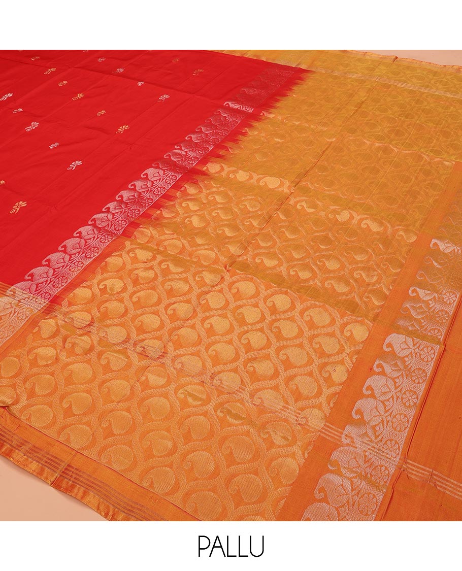 Red Uppada Silk Saree Decorated with Zari Buttas, Captivating Contrast Border Featuring Peacock and Elephant Motifs in Zari, Pallu Adorned with Paisley Butta, Enclosed Jaal Design, and Paired with a Contrast Blouse