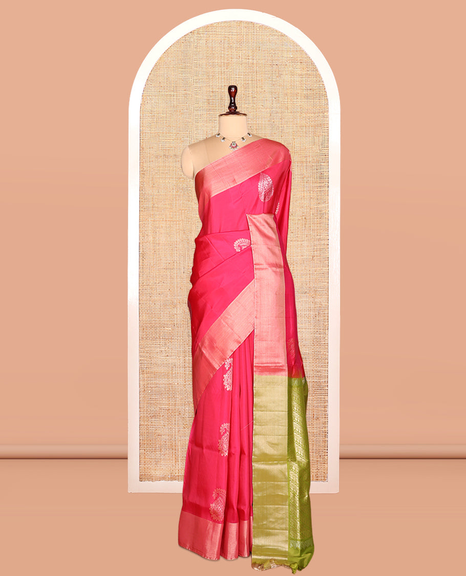 Red Semi Uppada Saree, Gleamed with Zari Buttas, a Bavanji Border, Contrast Diagonal Leaf Vine Pallu, and a Contrast Blouse