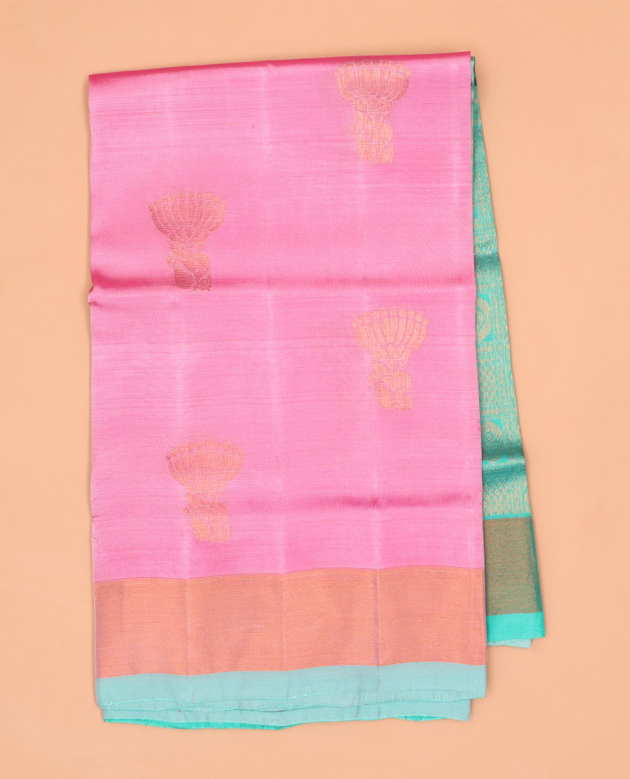 Pink with motifs semi-uppada saree with contrast zari border & zari checked with motifs design pallu
