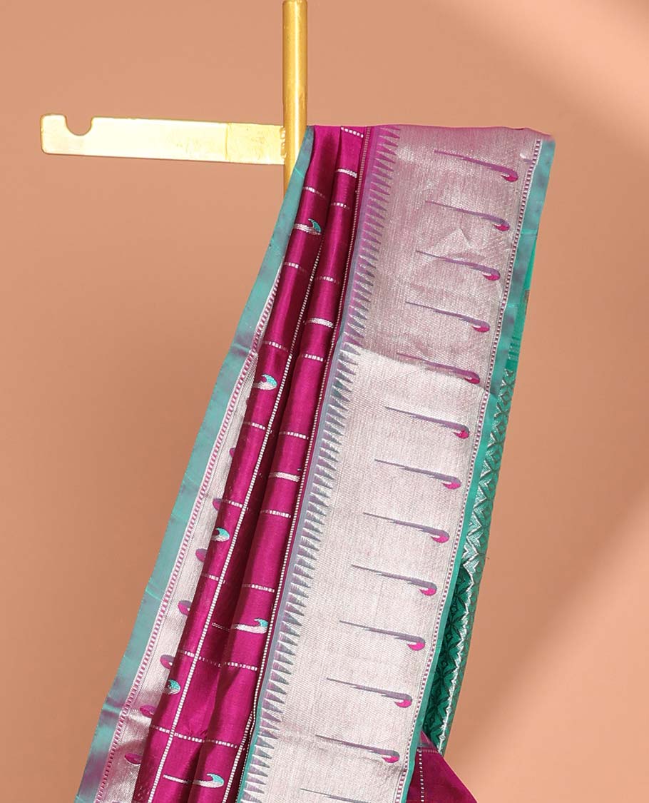 Marron parrot motifs enclosed with checked design vengatagiri pure silk saree , contrast parrot border & pallu of argyle pattern