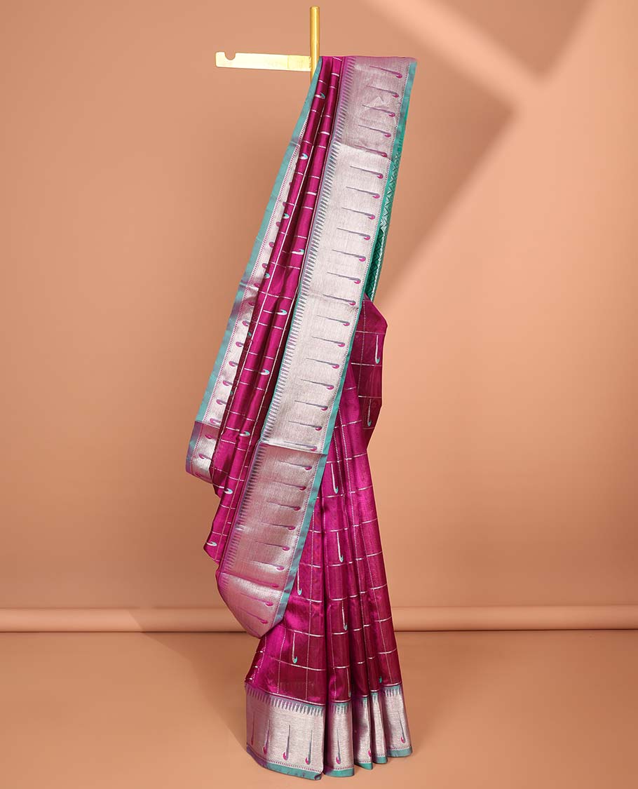 Marron parrot motifs enclosed with checked design vengatagiri pure silk saree , contrast parrot border & pallu of argyle pattern