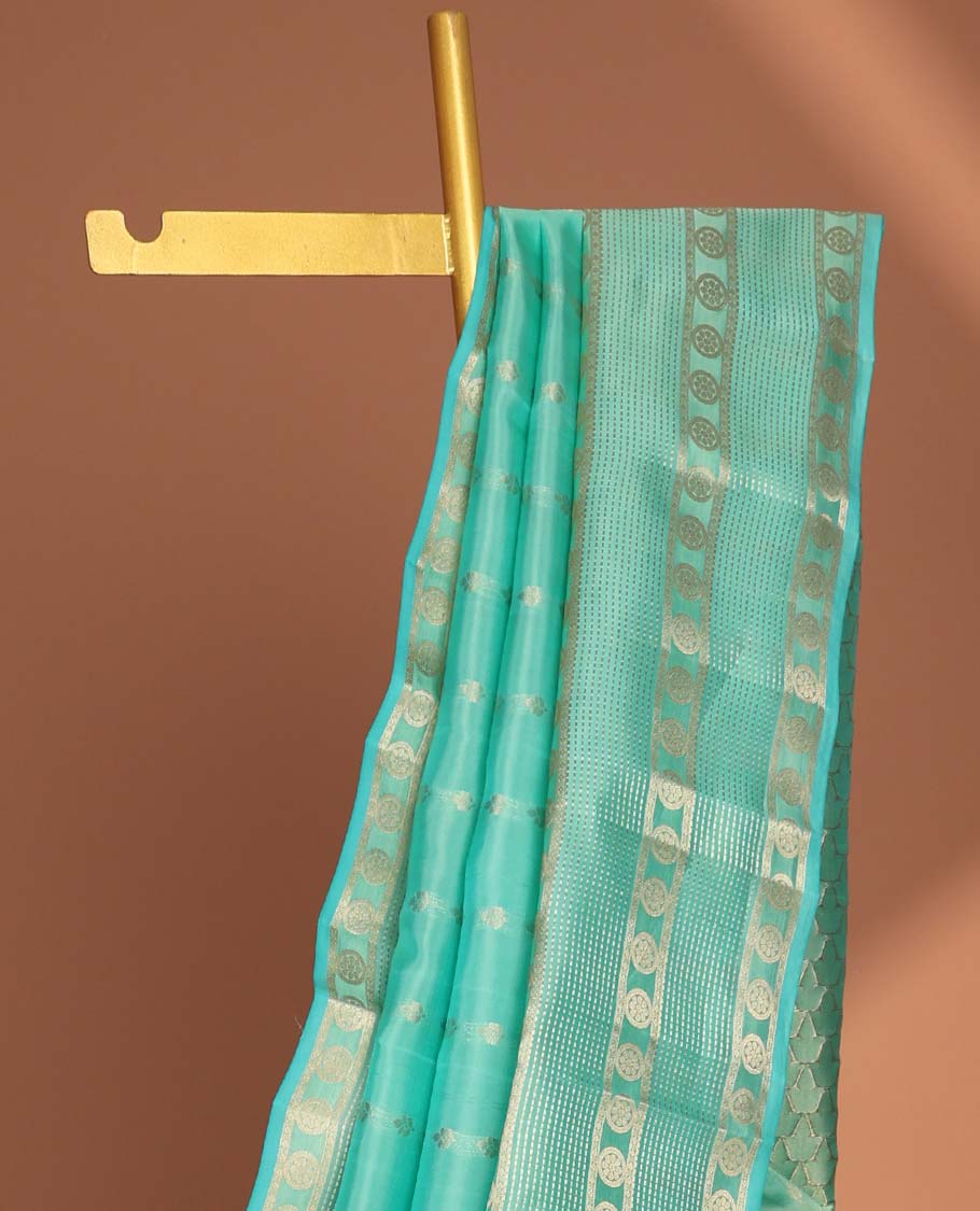 Green striped leaf design vasundhara elite silk saree with self zari design border & leaf zari design pallu