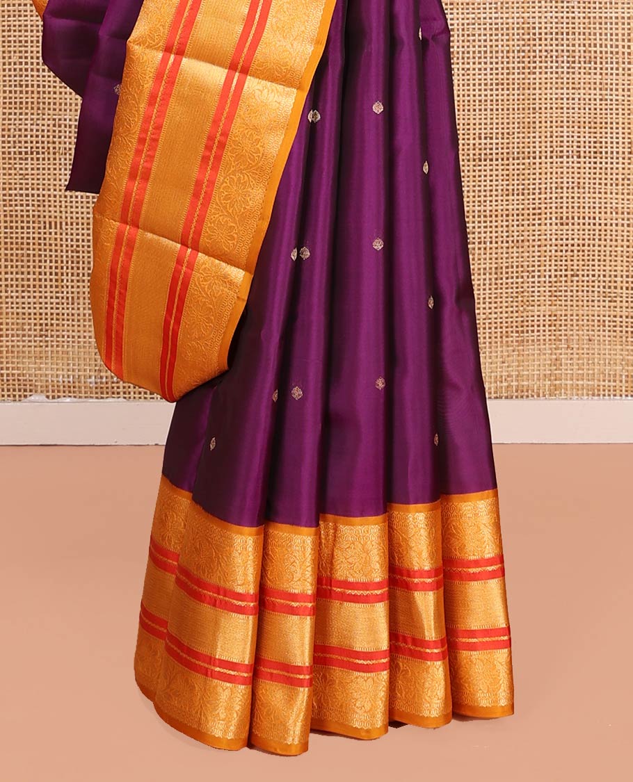 Purple Vasundhara Lite-Silk Mix Saree Decked Up with Zari Buttas on Its Body, Complemented by a Contrast Border of Neli, Muthu, and Kodi Visiry Designs, Pallu Spotlighted with Jaal Designs, and Paired with a Contrast Blouse
