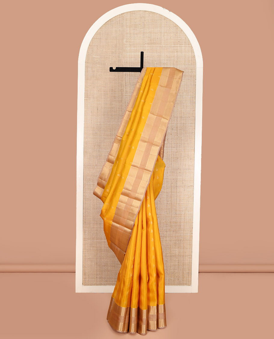 Yellow Vasundhara Lite Silk Mix Saree, Sparsely Woven with Zari Buttas, Complemented by a Contrast Border of Geometric Designs, Boldly Accentuated Pallu of Chevron Designs, and Paired with a Contrast Blouse