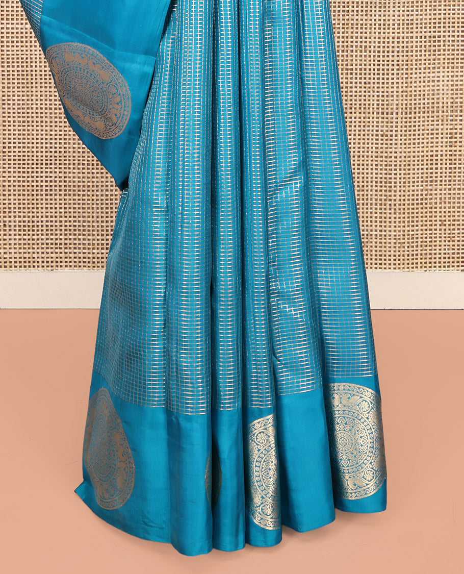 Blue Zari Checked Vasundhara Lite-Silk Mix Saree, Highlighted by Zari Chakram Motifs Border, Grand Jaal Pallu, and a Matching Blouse