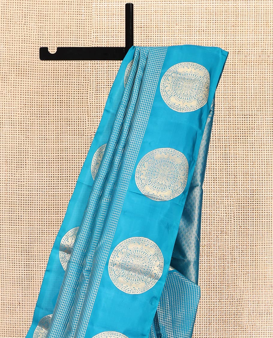 Blue Zari Checked Vasundhara Lite-Silk Mix Saree, Highlighted by Zari Chakram Motifs Border, Grand Jaal Pallu, and a Matching Blouse