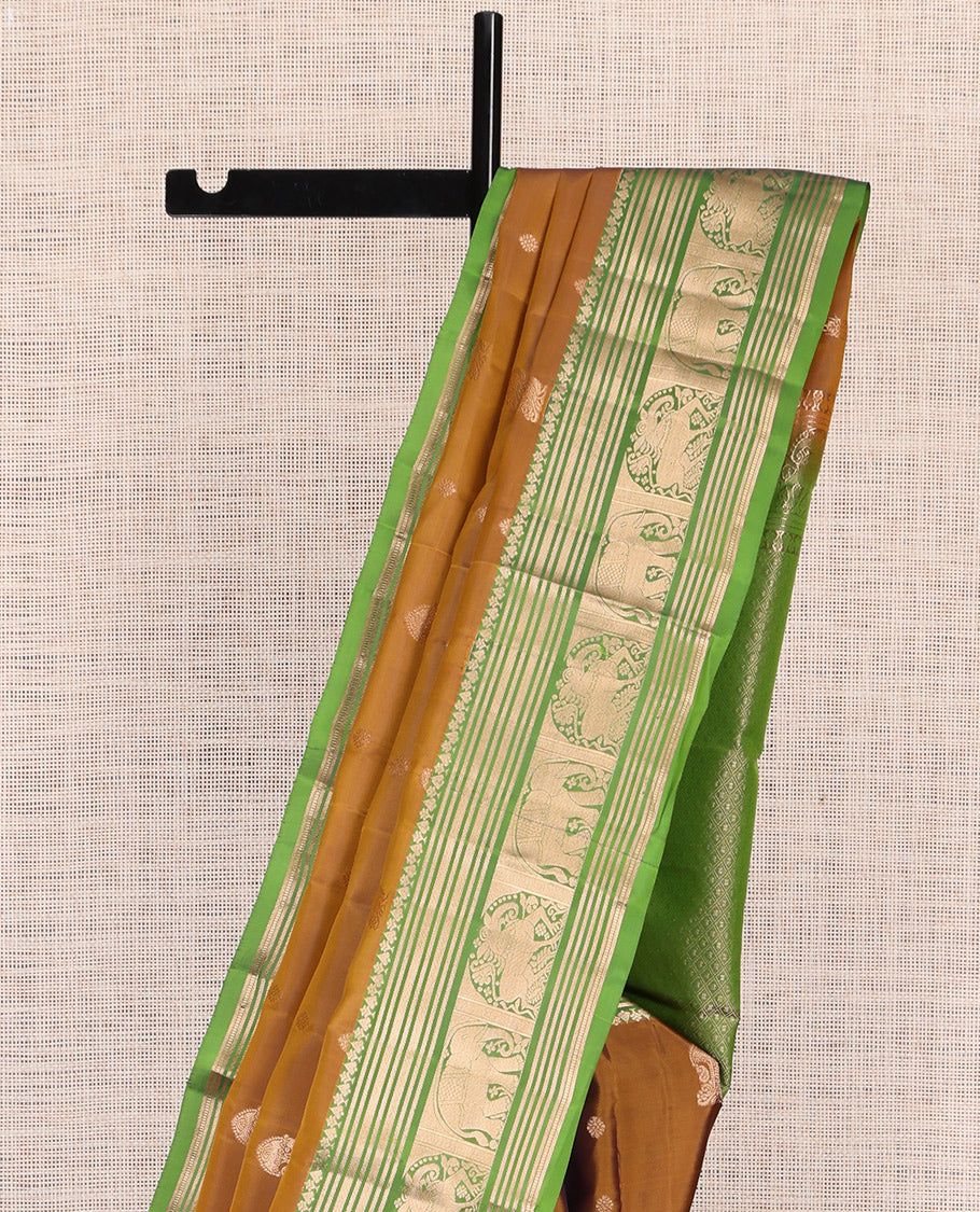 Brown Zari Buttas Vasundhara Lite Silk Mix Saree, Contrast Yaali-Yaanai Border, Jaal Pallu, Contrast Blouse