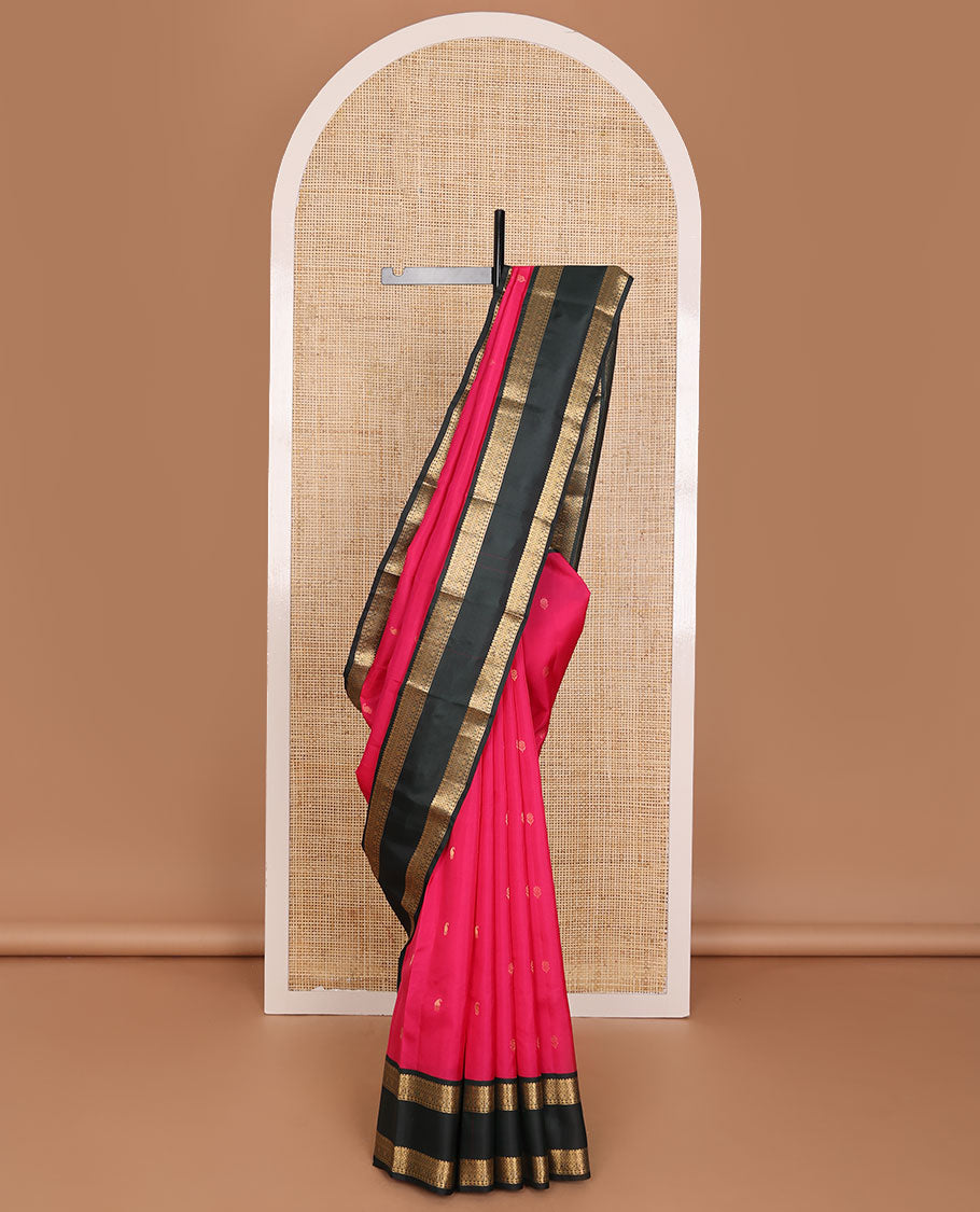 Red zari buttas Vasundhara elite silksaree, contrast rettai pettu border of thilakam,banaras,diamond & paisa & intricate pallu