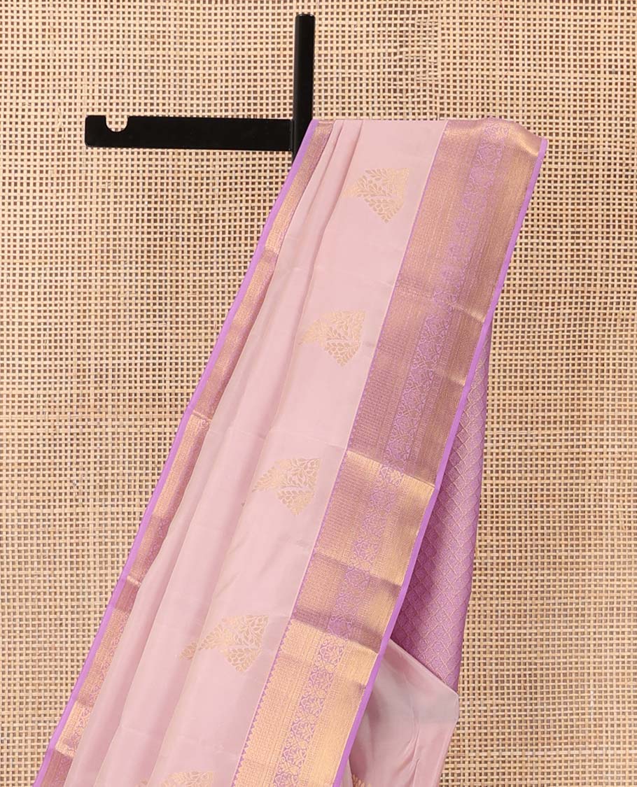 Pink zari buttas Vasundhara silk mix saree, contrast border of rekku, mayil kann, and floral jaal designs, and jaal pallu