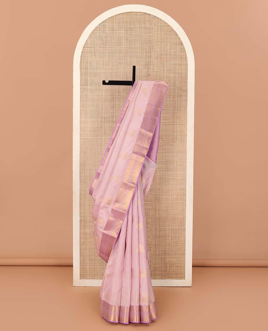 Pink zari buttas Vasundhara silk mix saree, contrast border of rekku, mayil kann, and floral jaal designs, and jaal pallu