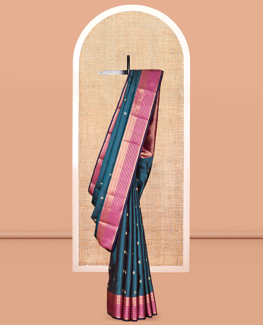 Blue Vasundhara Lite Silk Mix Saree, Woven with Zari Buttas, a Contrast Border of Charkam and Neli Designs, Grand Pallu, and a Contrast Blouse