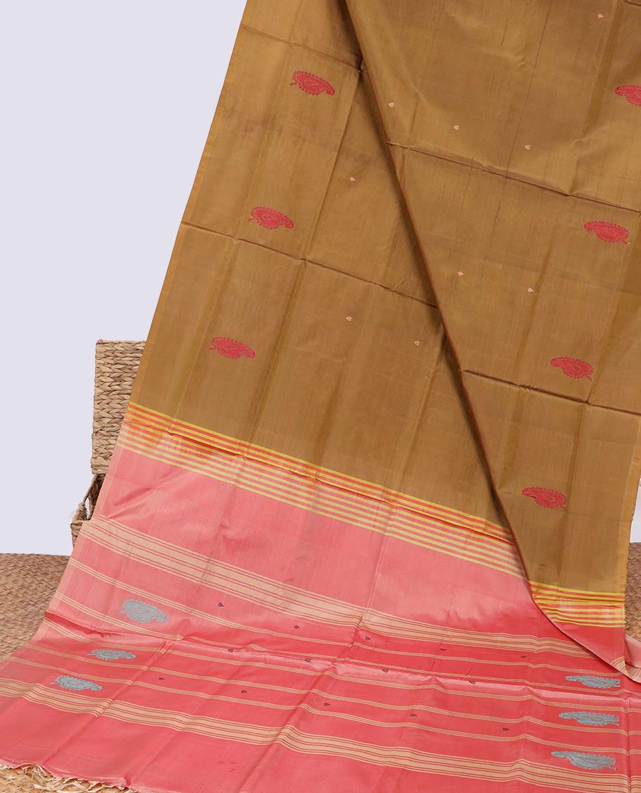 Borderless brown banana pith saree with paisleys motis and stripes pallu