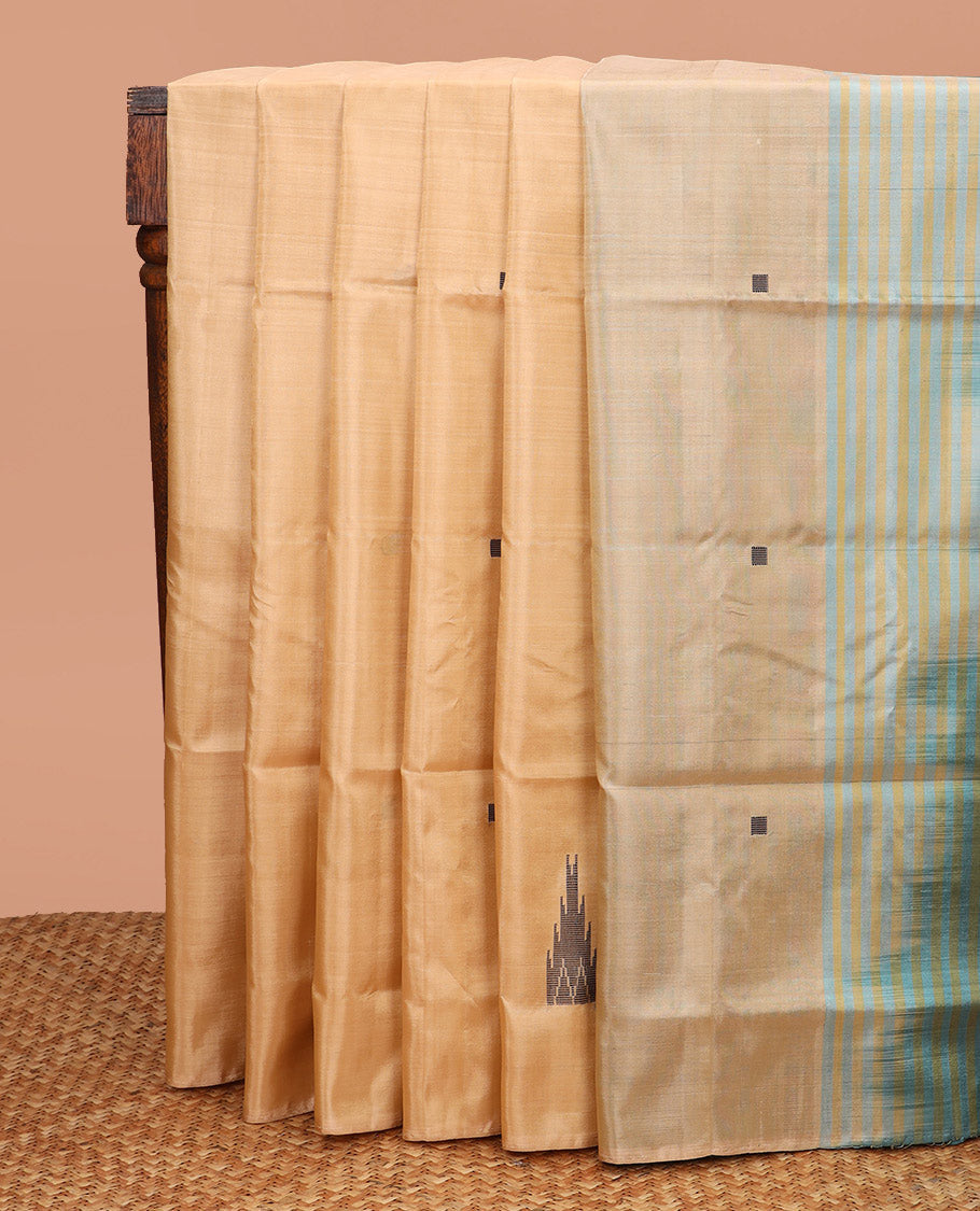 Borderless Sandal Banana Pith Saree, Adorned with Temple Buttas All Over Its Body, Complemented by a Contrast Pallu of Stripes and Temple Buttas, and Paired with a Contrast Blouse