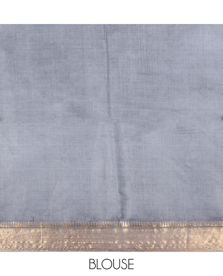 Grey buttas banana pith saree, zari temple border, and zari striped pallu