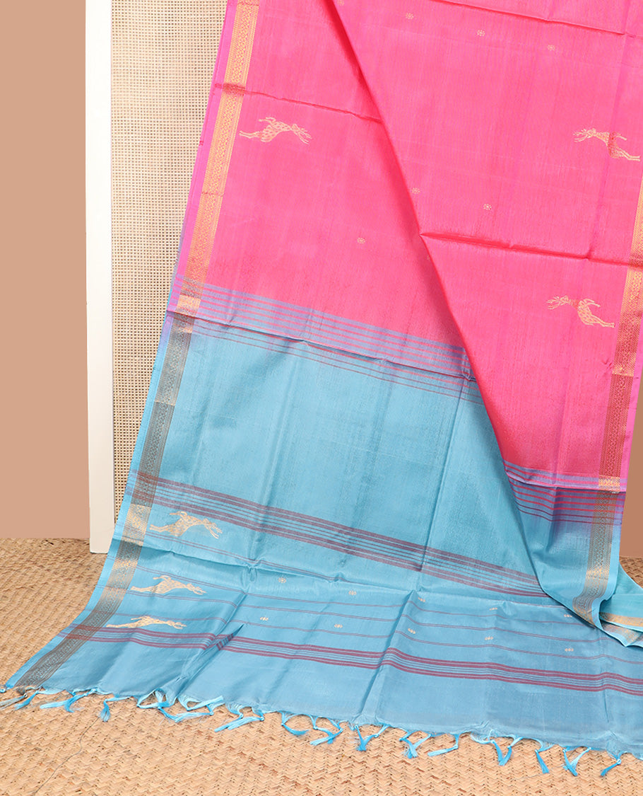 Pink animal motifs banana pith saree, traditional zari border, and contrast pallu of stripes, and buttas