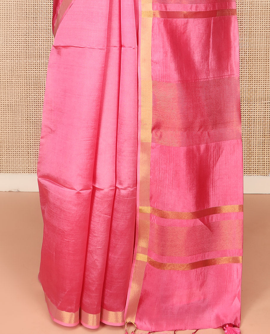 Pink Plain Banana Pith Saree Subtly Sparkled with Zari Bavanji Border, Gleaming Zari Stripes Woven Pallu, and Paired with a Matching Plain Blouse