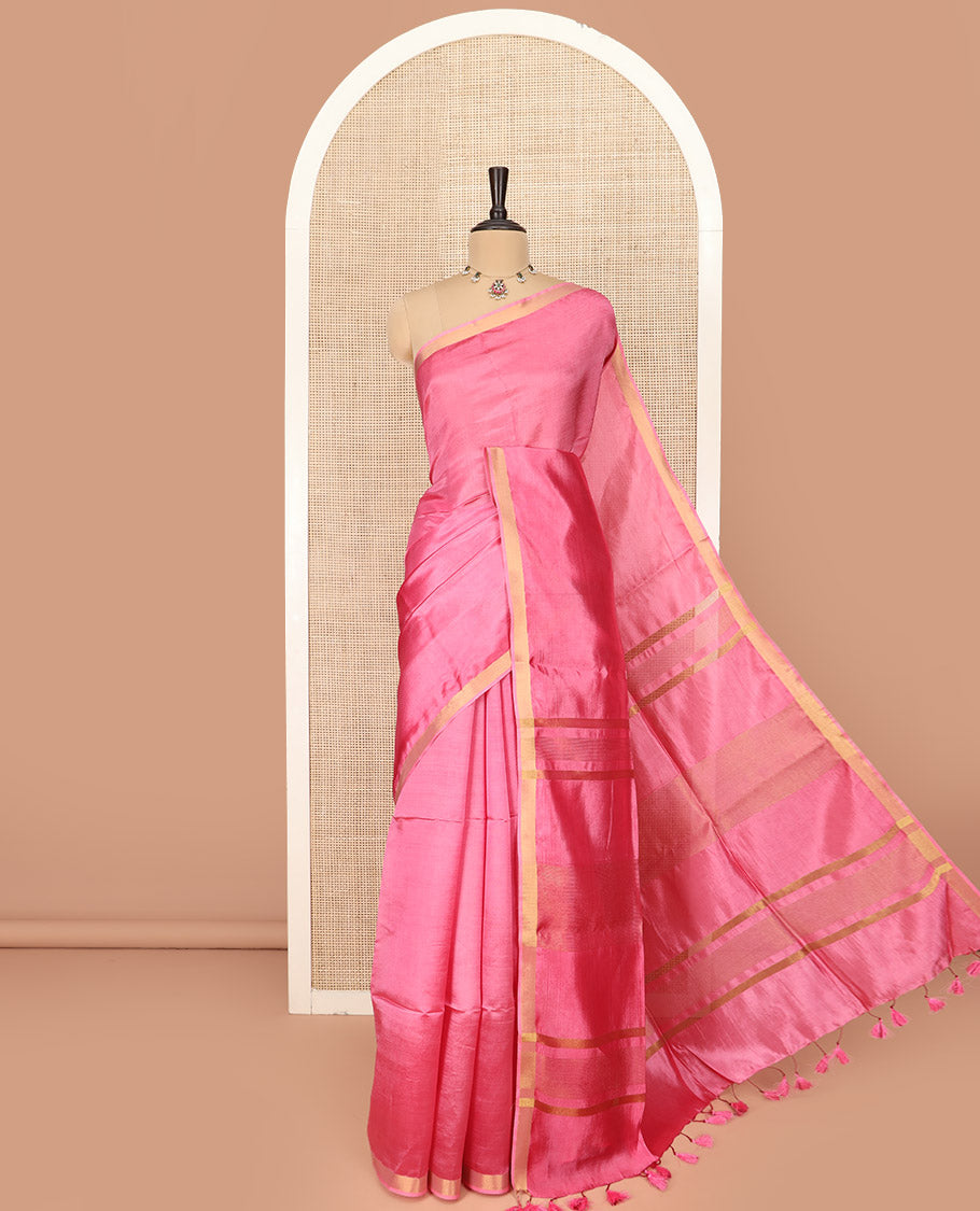 Pink Plain Banana Pith Saree Subtly Sparkled with Zari Bavanji Border, Gleaming Zari Stripes Woven Pallu, and Paired with a Matching Plain Blouse