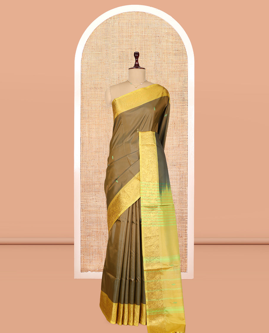 Green Banana Pith Saree, Crafted with Thread Buttas, a Contrast Traditional Zari Border, Pallu of Buttas, and a Contrast Blouse